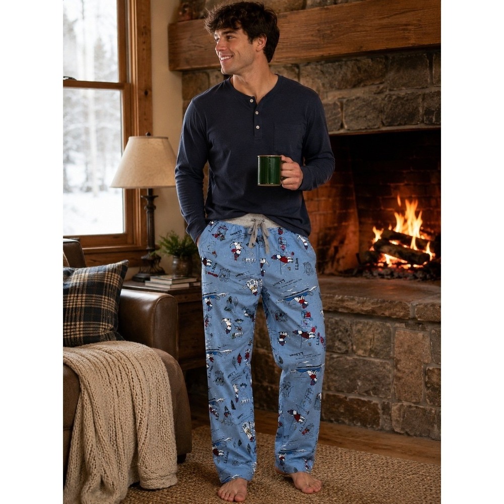 L.L.Bean Ski Snow Print Pajama Lounge Pants XL Blue 100% Cotton Sleepwear NWOT